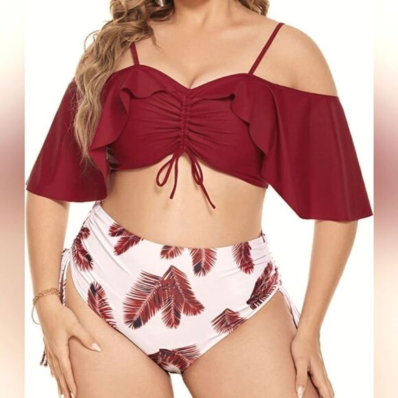 Plus Size Colorblock Tropical Print Drawstring Bikini Set sz 3X - Picture 3 of 10